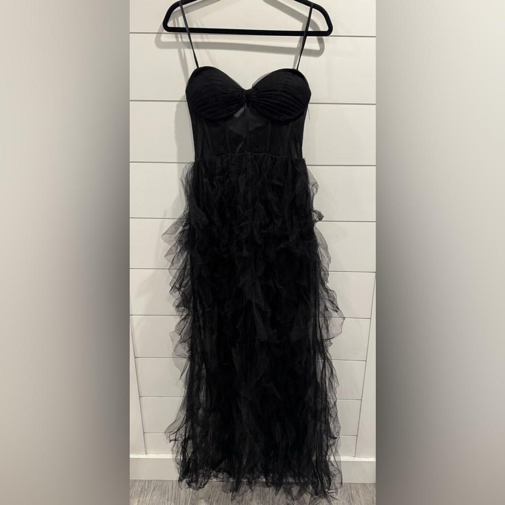 NWT Ieena Mac Duggal black tulle tiered strapless bustier gown 27532 - Picture 4 of 10